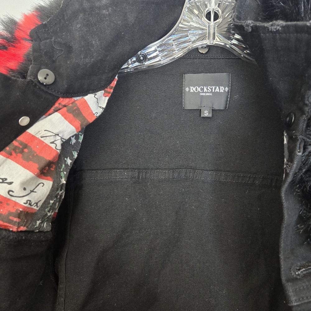 Rockstar‎ Original Denim Jacket Faux Fur Black Red Sz Small HARD TO FIND! RARE - Picture 10 of 11